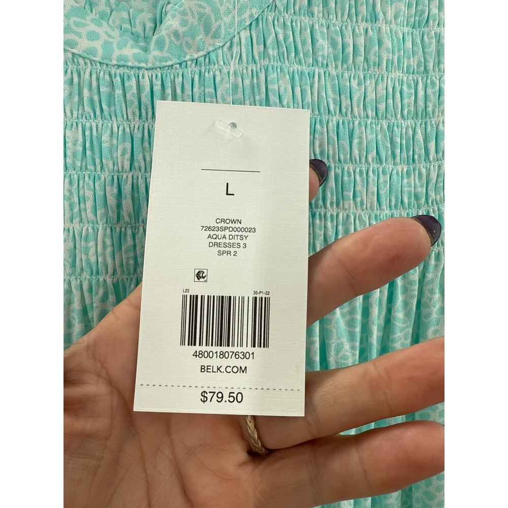 NWT Crown & Ivy Aqua Ditsy Smocked Dress Size L - Picture 4 of 6